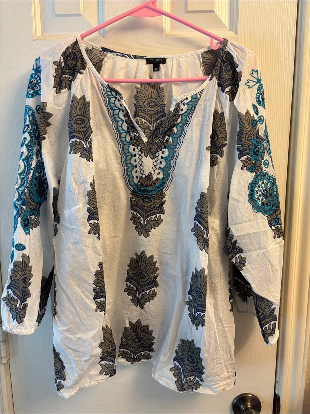 Talbots White Tunic with Teal & Gray Embroidery